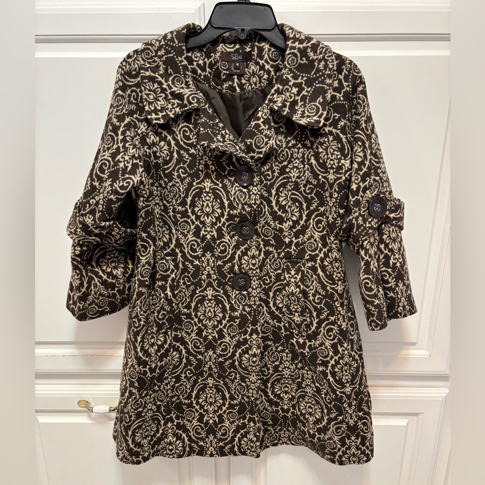Luii Damask Wool Blend Brown Cream Printed Button Front Swing Coat Women Size M